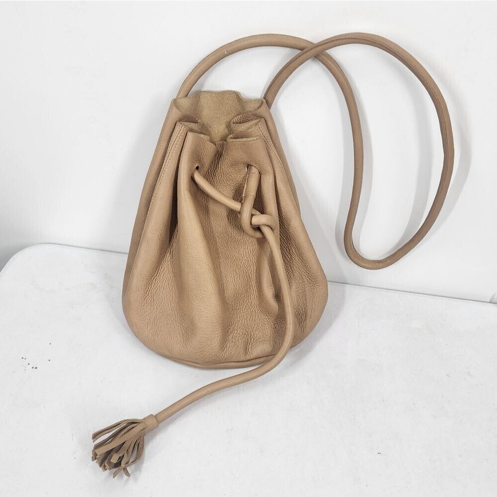 Shaffer LA Dana Bucket leather tassel bag in camel